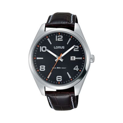 Men's black dial sports brown leather strap watch rh957gx9